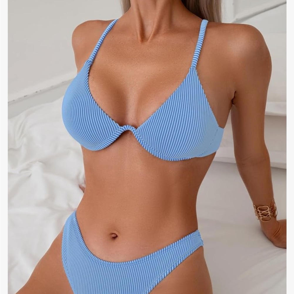 Blue Ribbed Bikini Set